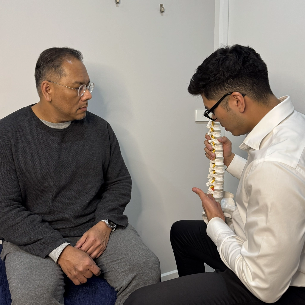 Ringwood chiropractor explaining chiropractic findings and care recommendations using a spine model