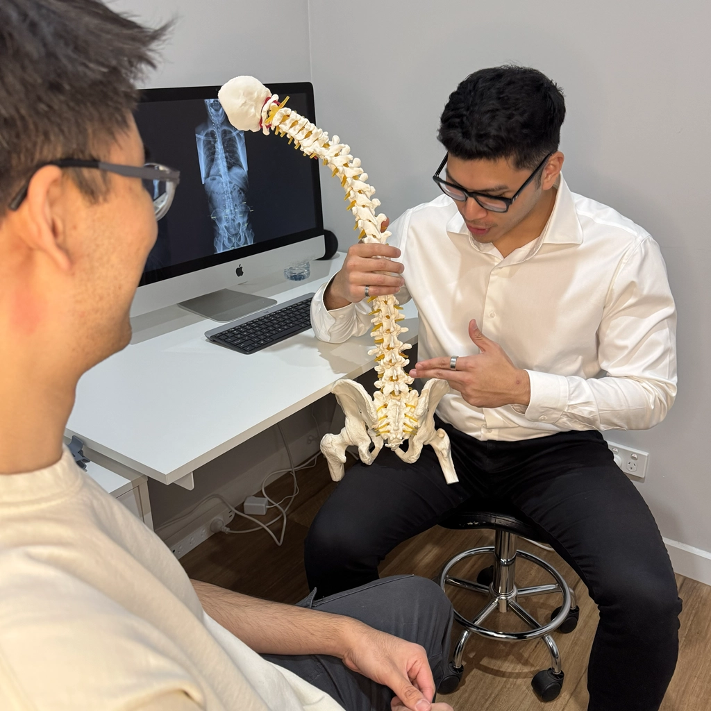 Practitioner at Ringwood Chiropractic using a spine model to explain misalignments and treatment plan to patient